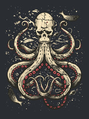 Octopus. Hand drawn illustration. T-shirt print design.