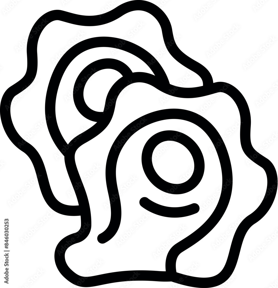 Poster line drawing representing two oysters, each with an open shell and a pearl forming inside