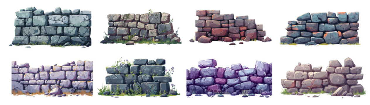 Cartoon stone wall set. Destroyed ruin ancient castle old rock tower brick fence boulder border vector illustration