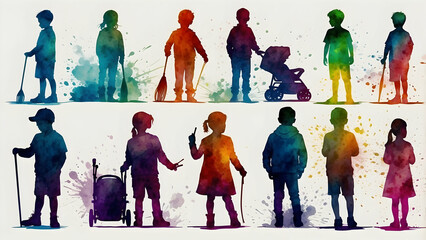 Fototapeta premium Colorful silhouetted children with activities