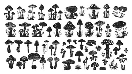 Naklejka premium Edible and poison mushrooms set engraving style. Black silhouette of forest plant poisonous fungus mystical witchcraft cook ingredient object vector illustration
