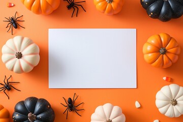 A blank card surrounded by pumpkins and spiders on an orange background, perfect for creating Halloween invitations and festive announcements. Ideal for holiday and party. Flat Lay. Top view