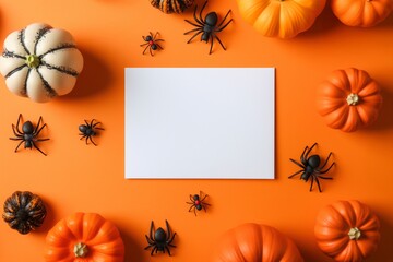 A blank card surrounded by pumpkins and spiders on an orange background, perfect for creating Halloween invitations and festive announcements. Ideal for holiday and party. Flat Lay. Top view