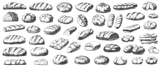 Sketch bread loafs set. Hand drawn bakery products ciabatta toast sourdough baguette buns, wheat flour food vector illustration