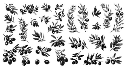 Fototapeta premium Sketch olive branches set. Hand drawn engraved branch with ripe fruits and twig leaves for oil greek italian vegetarian food ingredient vector illustration