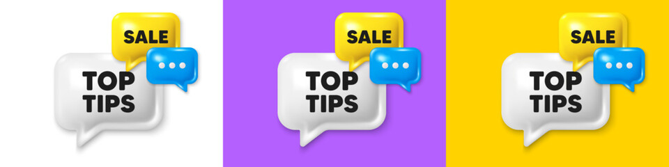 Chat speech bubble 3d icons. Top tips tag. Education faq sign. Best help assistance. Top tips chat text box. Speech bubble banner. Offer box balloon. Vector