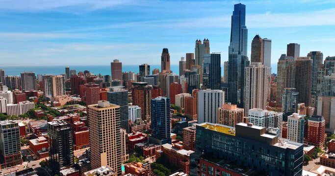 Center of modern Chicago, Illinois, the United States. Gorgeous skyscrapers grouped in the downtown from top perspective.