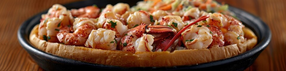 Delicious gourmet pizza with fresh shrimp and vegetables on a mouthwatering crust, served hot on a black plate on a wooden table
