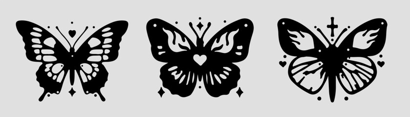 Set of elegant tattoos in the neo-tribal Y2K aesthetic with butterflies.