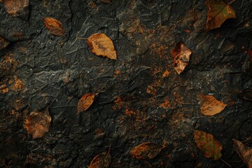 Obraz premium Textured background image featuring scattered dry autumn leaves on a dark, rough stone surface. The contrasting colors and textures create a visually appealing composition