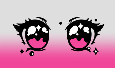 Beautiful cute anime eyes with highlights on a gradient pink background. Cartoon modern print for a t-shirt.