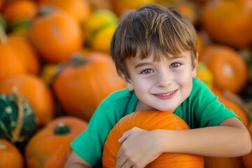 Fototapeta premium A joyful young boy in a green shirt holding a pumpkin, surrounded by a sea of orange pumpkins in a pumpkin patch, perfect for autumn and Halloween themes.