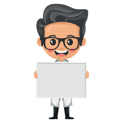 Cartoon of a doctor holding a whiteboard with space for text, advertising, presentations and brochures. Healthcare and medicine concept. Research, science and technology in the field of health