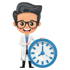 Cartoon of doctor with watch. Efficient time management, urgency in critical situations, punctuality in patient care, and the constant pressure doctors face to make quick and accurate decisions