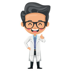Doctor cartoon with thumbs up. Interacting cordially and kindly with patients, creating an environment of trust and comfort. Health and medicine concept. Research, science and technology in health