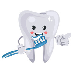 Cartoon character of a tooth brushing his teeth. Prevention, diagnosis and treatment of tooth and gum diseases. Dental hygiene and oral care. Tooth decay prevention. Health and medicine concept
