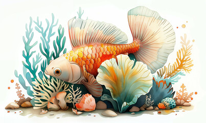 Colorful Fish and Coral. Ocean Wildlife Illustration