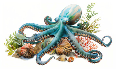 Octopus Illustration in Underwater Marine Scene. Detailed Oceanic Life