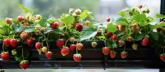 Strawberry plants producing an abundance of ripe red strawberries in a balcony railing planter, envisioned for apartment or urban gardening.