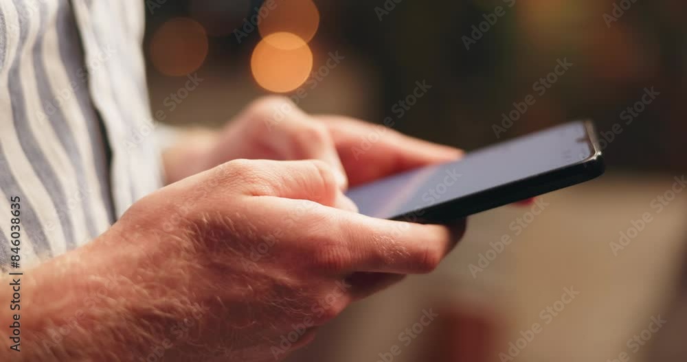 Poster man, hands and smartphone in closeup for typing emoji and chatting for connection, contact and netwo