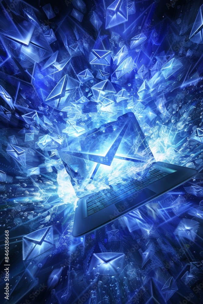 Poster laptop screen showing open email surrounded by swirling vortex of translucent envelopes