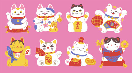 Obraz premium Set of Maneki-Neko cats, icons of luck and wealth.