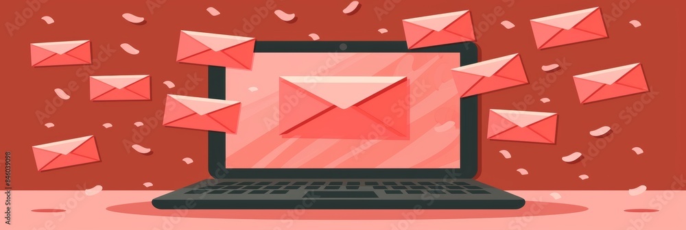 Poster geometric envelope icons on laptop screen showing minimalist email list for optimal search relevance
