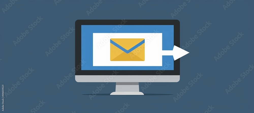 Poster symbolic white envelope with arrow pointing to computer screen representing email delivery