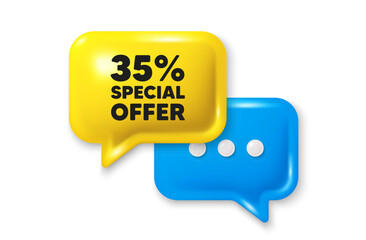 35 percent discount offer tag. Chat speech bubble 3d icon. Sale price promo sign. Special offer symbol. Discount chat offer. Speech bubble banner. Text box balloon. Vector