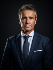 an european businessman in his late fifties wearing a navy blue suit and white shirt with a dark tie