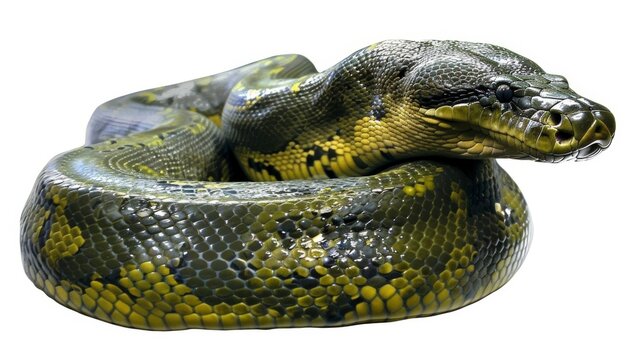 Close-up shot of a green python snake with yellow scales coiled on white, showcasing its mesmerizing skin pattern and alert eyes