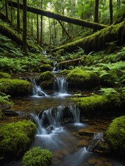 Serene forest scene unfolds with cascading stream flowing over moss-covered rocks, surrounded by lush greenery, trees. Waters gentle journey framed by vibrant ferns.
