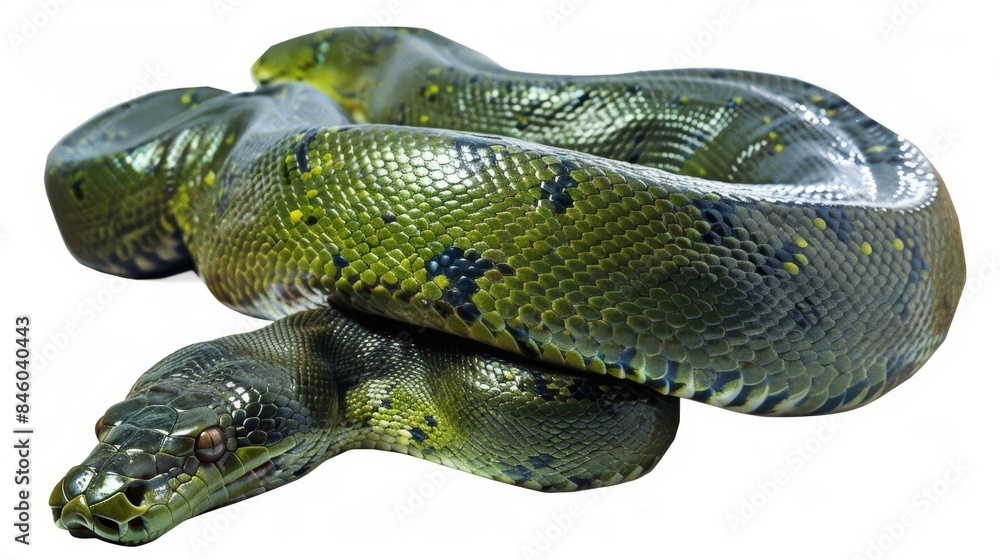 Poster green tree python with sleek scales rests elegantly against a white backdrop, exuding both danger an