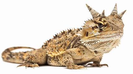 Fototapeta premium Texas horned lizard standing on a white background and looking to the right