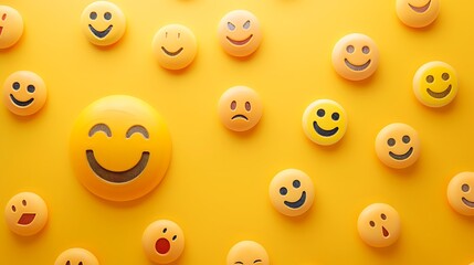Fototapeta premium Yellow background with happy face emoji in celebration mood