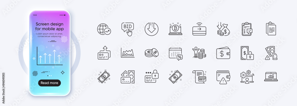 Poster online job, contactless payment and checklist line icons for web app. phone mockup gradient screen. 