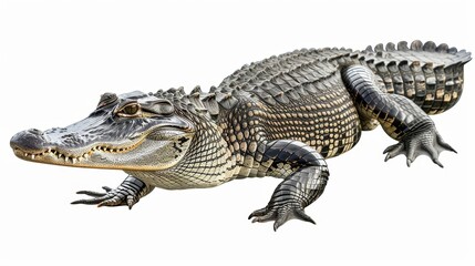 Obraz premium American alligator with its mouth slightly open is strolling against a white backdrop
