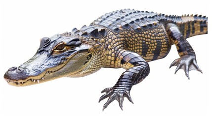 Fototapeta premium Impressive american alligator displaying its powerful presence with sharp teeth and tough scales, moving slowly against a plain white backdrop
