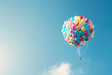 Naklejka premium Brightly colored balloons floating in a clear blue sky with a small basket below