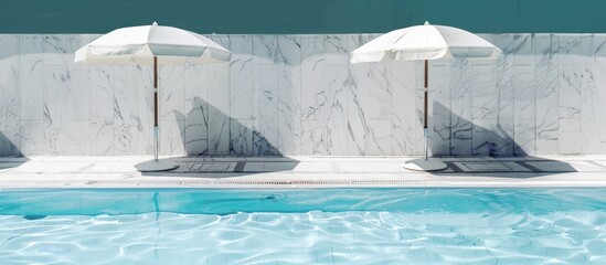 Tropical Resort Summer Vibes: Empty Poolside with Marble Tiles and Beach Umbrellas