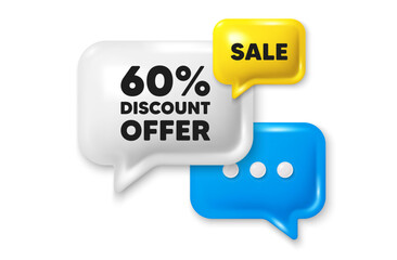 60 percent discount tag. Offer speech bubble 3d icon. Sale offer price sign. Special offer symbol. Discount chat offer. Speech bubble sale banner. Discount balloon. Vector