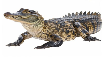 Obraz premium Young alligator is standing, looking up with its mouth open, showing its sharp teeth