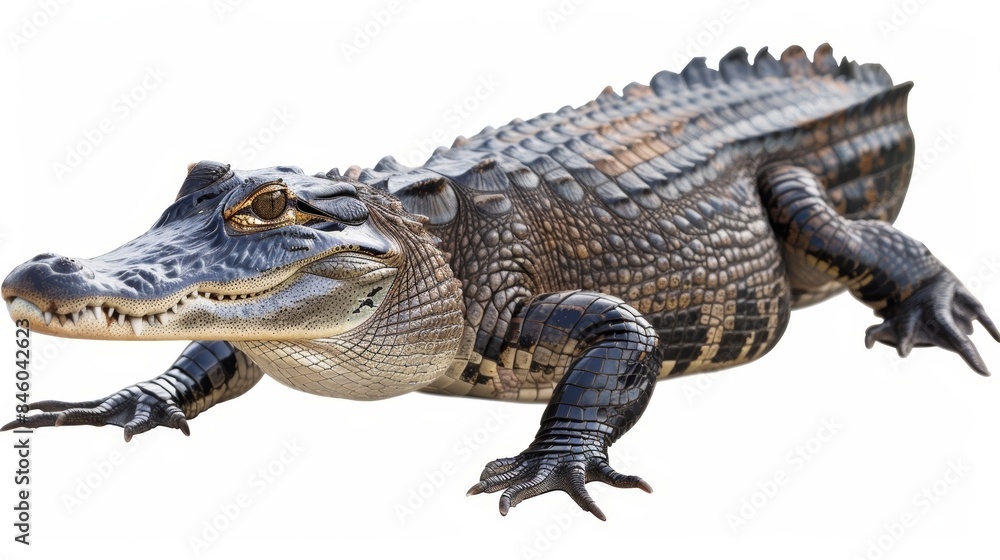 Poster american alligator is walking with its mouth slightly open showing its sharp teeth