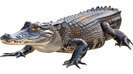 Obraz premium American alligator is walking with its mouth slightly open showing its sharp teeth