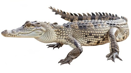 Naklejka premium Young crocodile strolls casually on a white backdrop, displaying its sharp teeth and shimmering scales