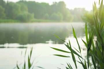 Fototapeta premium A tranquil lakeside scene with tall grass in the foreground. The water is calm, reflecting the soft light of the early morning or late afternoon, creating a peaceful atmosphere