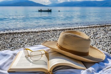 A relaxing beach scene with an open book, a straw hat, and reading glasses placed on a blanket. The calm sea and distant boat add to the tranquil setting