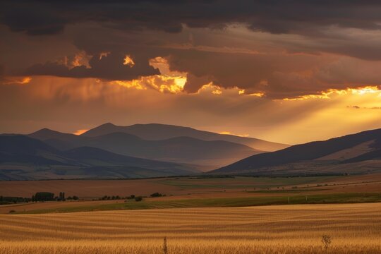 A stunning sunset over rolling hills and fields, with dramatic clouds and rays of sunlight piercing through. The landscape is bathed in golden light