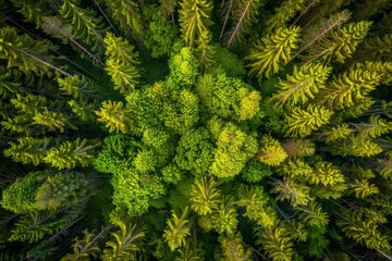 Fototapeta premium Aerial view of a dense forest with various shades of green.