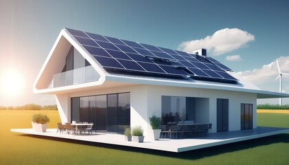 Fototapeta premium Futuristic generic smart home with solar panels rooftop system for renewable energy concepts as wide banner with copyspace area ,digital illustration created with generative ai.